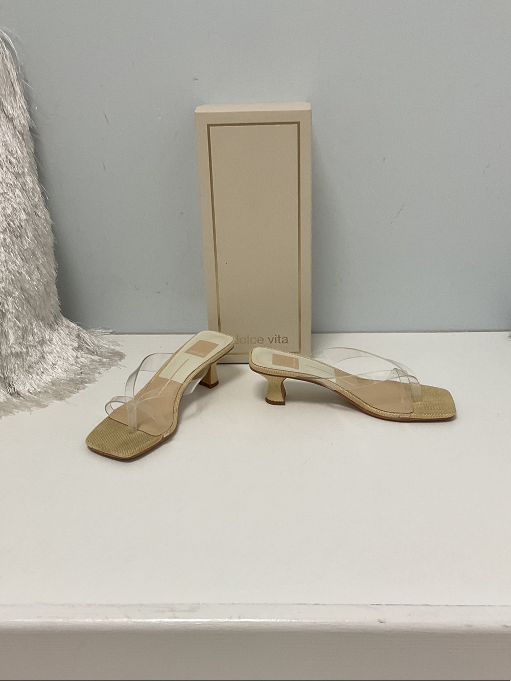 Dolce Vita crystal jelly Clear Strap Tan Kitten Heel Mules - Picture 1 of 3
